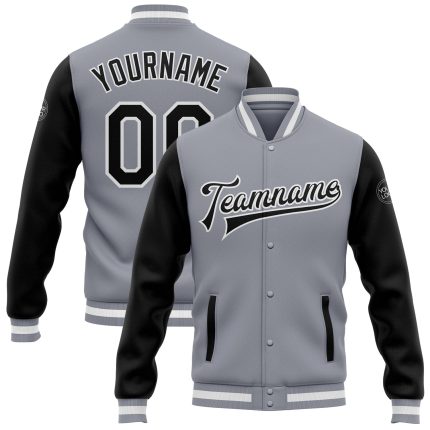 Custom Two Tone Gray Black White Varsity Letterman Bomber Jacket Full-Snap Custom Gray Black-White Bomber Full-Snap Varsity