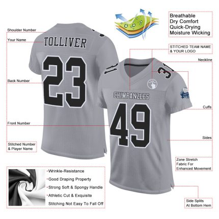 Custom Authentic Football Jersey - Gray Black and White Mesh Design Custom Gray Black-White Mesh Authentic Football Jersey