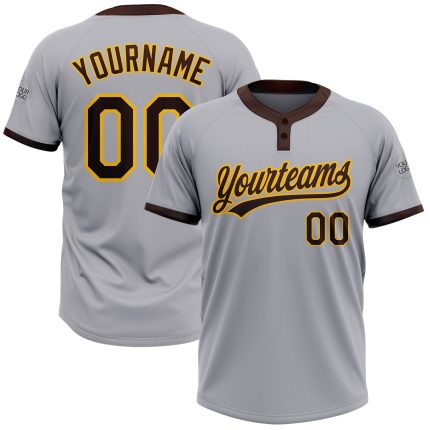 Custom Gray Brown Gold Two-Button Unisex Jersey for Softball Teams Custom Gray Brown-Gold Two-Button Unisex Softball Jersey