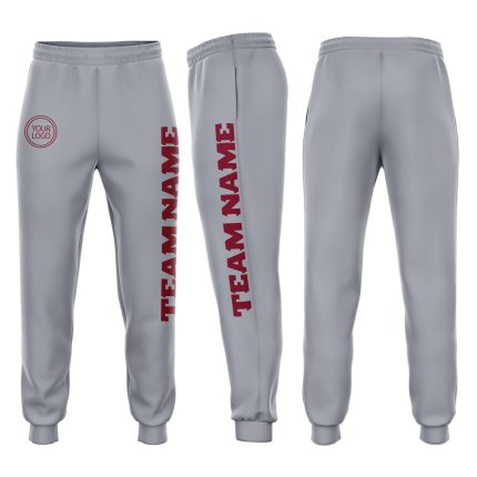Custom Fleece Jogger Sweatpants in Gray and Crimson for Men and Women Custom Gray Crimson Fleece Jogger Sweatpants
