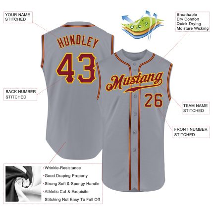 Custom Gray Crimson Gold Sleeveless Baseball Jersey - Authentic Sports Apparel Custom Gray Crimson-Gold Authentic Sleeveless