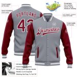 Custom Gray and Crimson White Varsity Letterman Bomber Jacket Full-Snap Two Tone Custom Gray Crimson-White Bomber Full-Snap