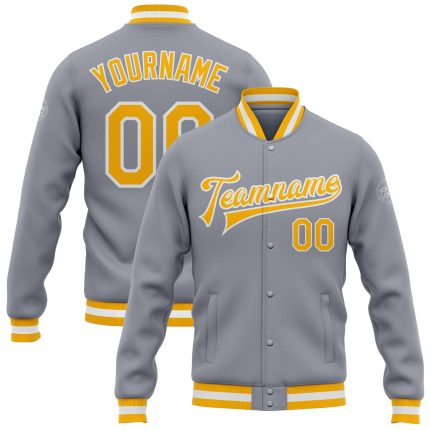 Custom Varsity Letterman Jacket Gray Gold White Full-Snap Bomber for Men Custom Gray Gold-White Bomber Full-Snap Varsity