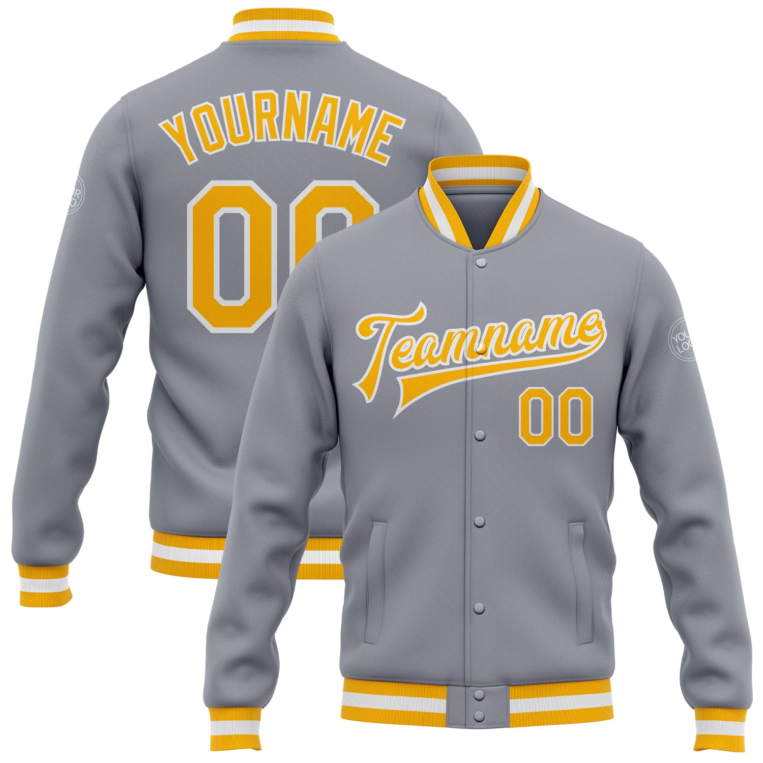 Custom Varsity Letterman Jacket Gray Gold White Full-Snap Bomber for Men Custom Gray Gold-White Bomber Full-Snap Varsity