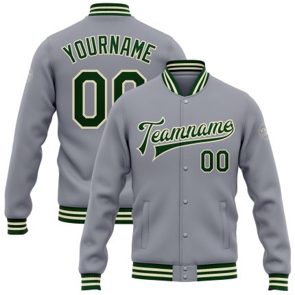 Gray Green Cream Custom Bomber Jacket Full Snap Varsity Letterman Style Custom Gray Green-Cream Bomber Full-Snap Varsity