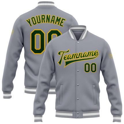 Custom Gray Green Gold Bomber Varsity Jacket Full-Snap Letterman Style Custom Gray Green-Gold Bomber Full-Snap Varsity Letterman