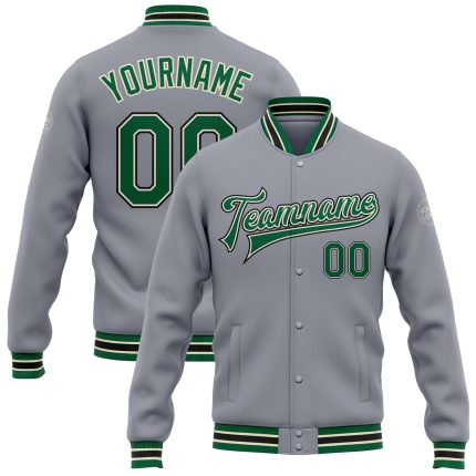 Custom Gray Kelly Green Cream Black Bomber Varsity Letterman Jacket Full-Snap Custom Gray Kelly Green Cream-Black Bomber