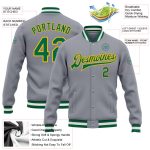 Custom Gray Green Gold Bomber Varsity Letterman Jacket - Full-Snap Design Custom Gray Kelly Green-Gold Bomber Full-Snap Varsity