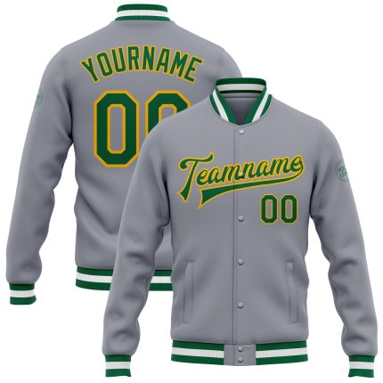 Custom Gray Green Gold Bomber Varsity Letterman Jacket - Full-Snap Design Custom Gray Kelly Green-Gold Bomber Full-Snap Varsity