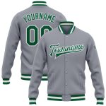 Custom Gray Kelly Green White Varsity Letterman Jacket Bomber Full-Snap Custom Gray Kelly Green-White Bomber Full-Snap Varsity