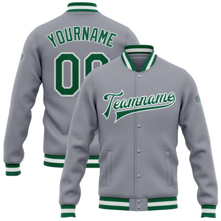 Custom Gray Kelly Green White Varsity Letterman Jacket Bomber Full-Snap Custom Gray Kelly Green-White Bomber Full-Snap Varsity
