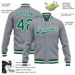 Custom Gray Kelly Green White Varsity Letterman Jacket Bomber Full-Snap Custom Gray Kelly Green-White Bomber Full-Snap Varsity