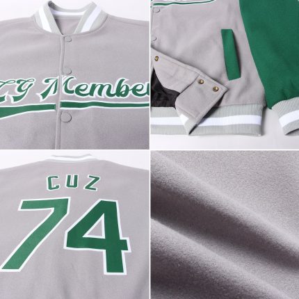 Custom Gray and Kelly Green Two Tone Varsity Letterman Bomber Full-Snap Jacket Custom Gray Kelly Green-White Bomber Full-Snap