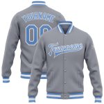 Custom Varsity Letterman Jacket Gray Light Blue White Bomber Full-Snap Custom Gray Light Blue-White Bomber Full-Snap Varsity