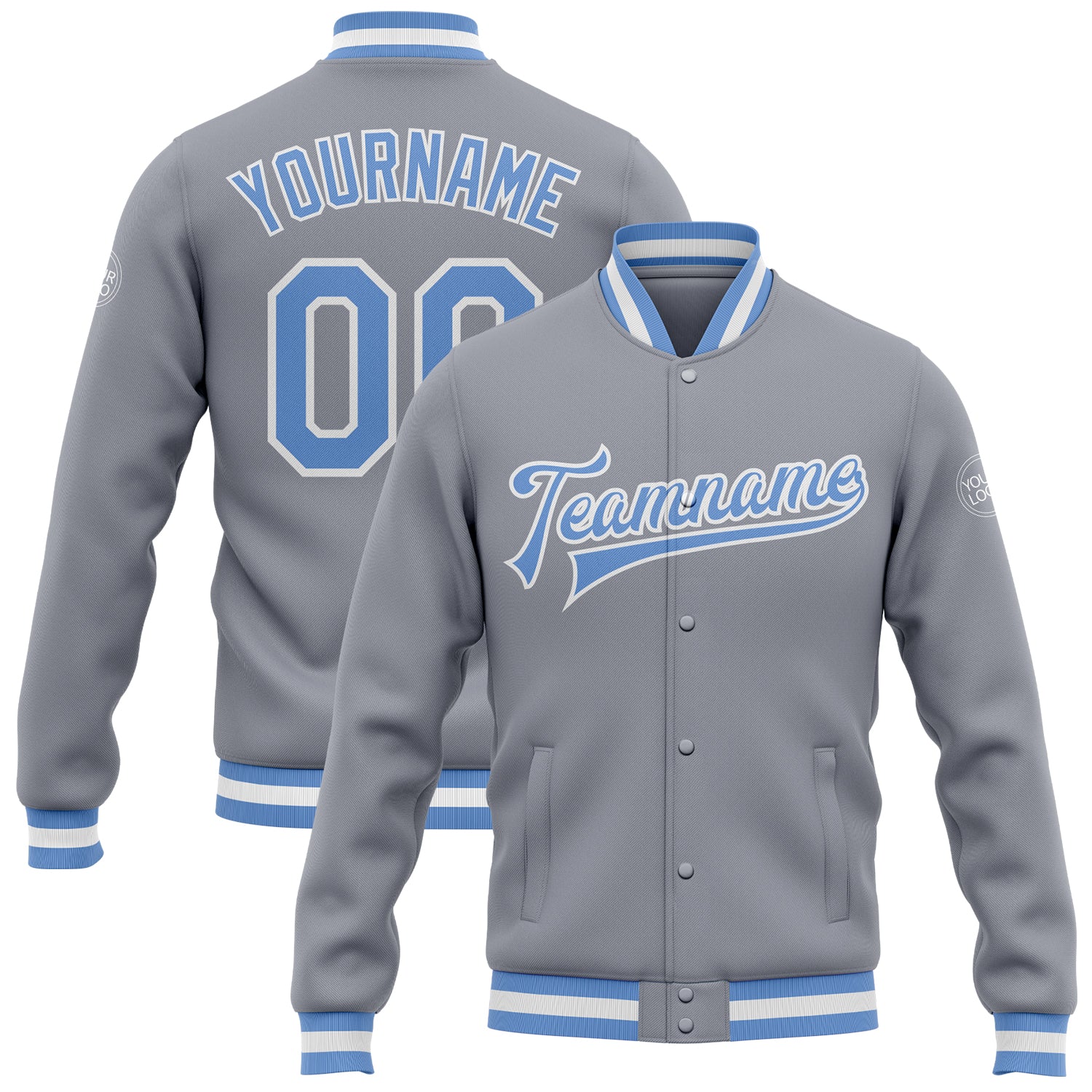 Custom Gray Light Blue-White Bomber Full-Snap Varsity Letterman Jacket Custom Varsity Letterman Jacket Gray Light Blue White Bomber Full-Snap Custom Gray Light Blue-White Bomber Full-Snap Varsity