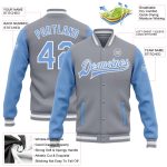 Custom Bomber Jacket Gray Light Blue White Two Tone Varsity Letterman Full-Snap Custom Gray Light Blue-White Bomber Full-Snap