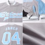 Custom Bomber Jacket Gray Light Blue White Two Tone Varsity Letterman Full-Snap Custom Gray Light Blue-White Bomber Full-Snap