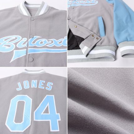 Custom Bomber Jacket Gray Light Blue White Two Tone Varsity Letterman Full-Snap Custom Gray Light Blue-White Bomber Full-Snap