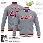 Custom Bomber Jacket Gray Maroon Cream Full-Snap Varsity Letterman Style Custom Gray Maroon-Cream Bomber Full-Snap Varsity