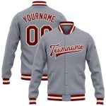 Custom Bomber Jacket Gray Maroon Cream Full-Snap Varsity Letterman Style Custom Gray Maroon-Cream Bomber Full-Snap Varsity