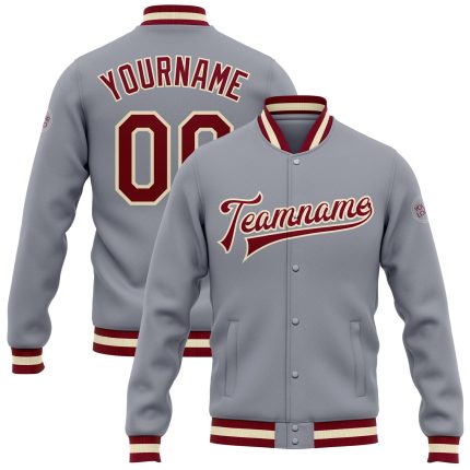 Custom Bomber Jacket Gray Maroon Cream Full-Snap Varsity Letterman Style Custom Gray Maroon-Cream Bomber Full-Snap Varsity