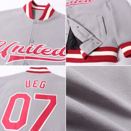 Custom Bomber Jacket Gray Maroon Cream Full-Snap Varsity Letterman Style Custom Gray Maroon-Cream Bomber Full-Snap Varsity