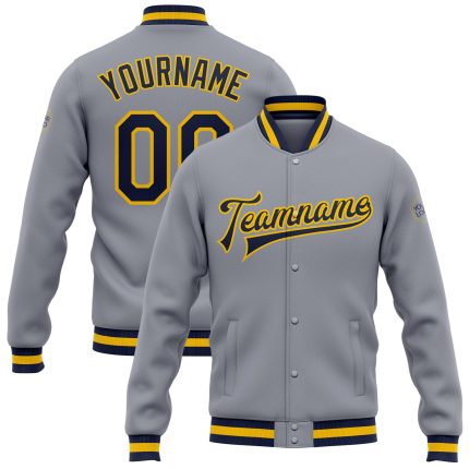 Custom Navy Gold Bomber Jacket for Men, Full-Snap Varsity Letterman Style, Gray Color Custom Gray Navy-Gold Bomber Full-Snap