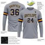 Gray Navy Gold Long Sleeve Performance T-Shirt - Custom Athletic Wear for Sports and Fitness Custom Gray Navy-Gold Long Sleeve