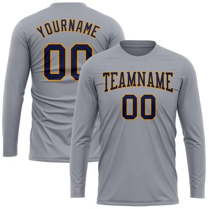 Gray Navy Gold Long Sleeve Performance T-Shirt - Custom Athletic Wear for Sports and Fitness Custom Gray Navy-Gold Long Sleeve