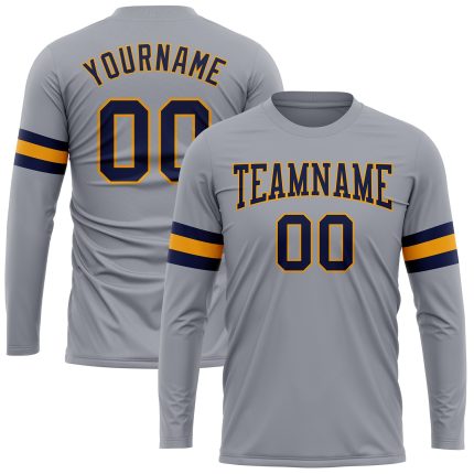 Gray Navy Gold Long Sleeve Performance T-Shirt - Custom Athletic Wear for Sports and Fitness Custom Gray Navy-Gold Long Sleeve