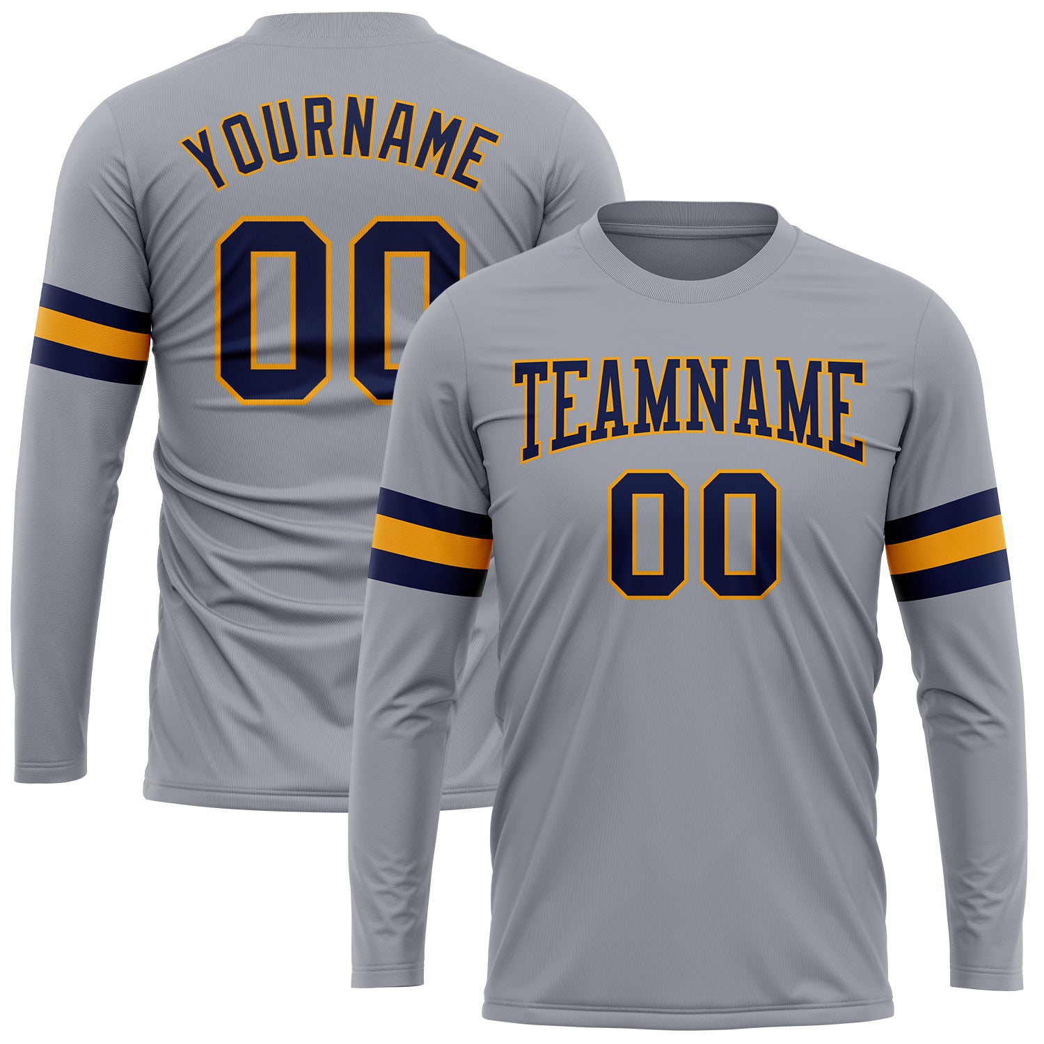 Gray Navy Gold Long Sleeve Performance T-Shirt - Custom Athletic Wear for Sports and Fitness Custom Gray Navy-Gold Long Sleeve