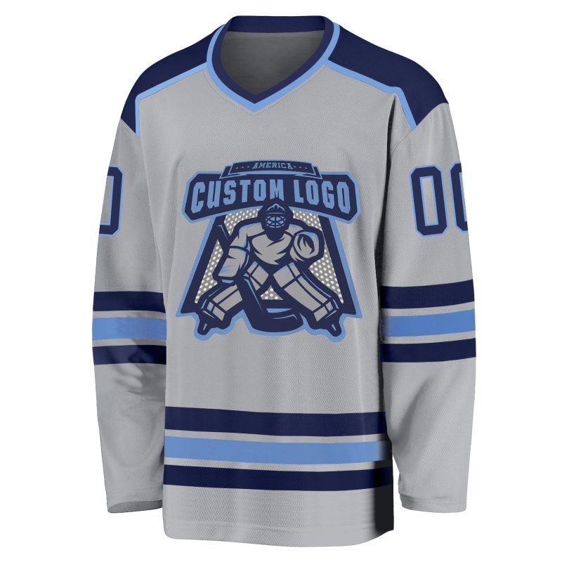 Custom Hockey Jersey Gray Navy Light Blue Personalized Team Apparel Custom Gray Navy-Light Blue Hockey Jersey
