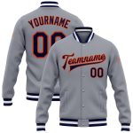 Custom Gray Navy Orange Varsity Letterman Bomber Jacket Full-Snap Design Custom Gray Navy-Orange Bomber Full-Snap Varsity