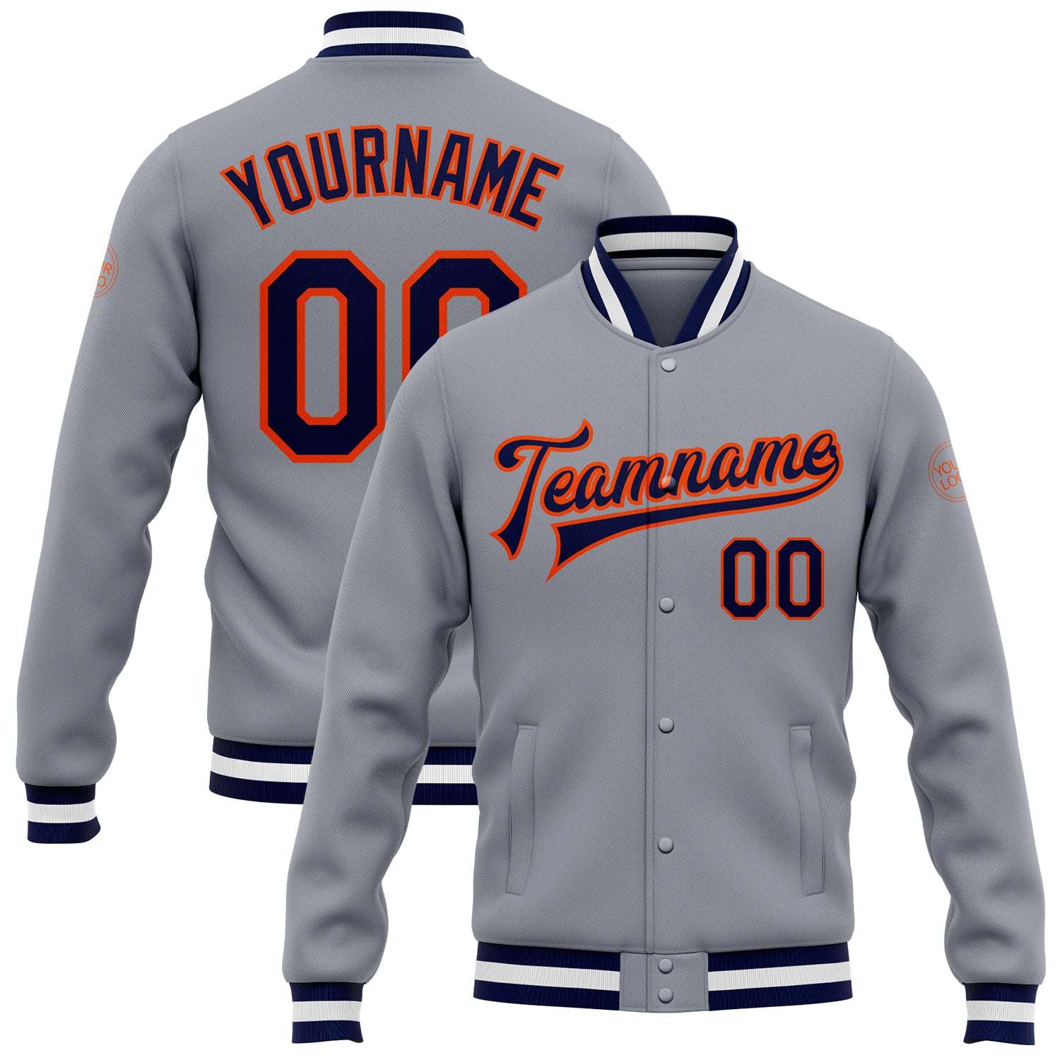 Custom Gray Navy Orange Varsity Letterman Bomber Jacket Full-Snap Design Custom Gray Navy-Orange Bomber Full-Snap Varsity