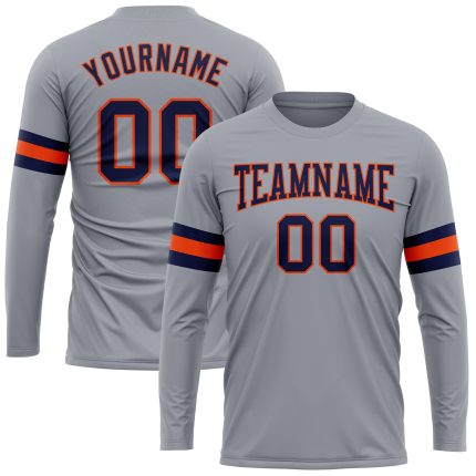 Custom Long Sleeve Performance T-Shirt in Gray Navy-Orange for Men Custom Gray Navy-Orange Long Sleeve Performance T-Shirt