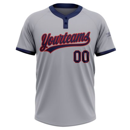 Custom Gray Navy Red Two-Button Unisex Softball Jersey for Men and Women Custom Gray Navy-Red Two-Button Unisex Softball