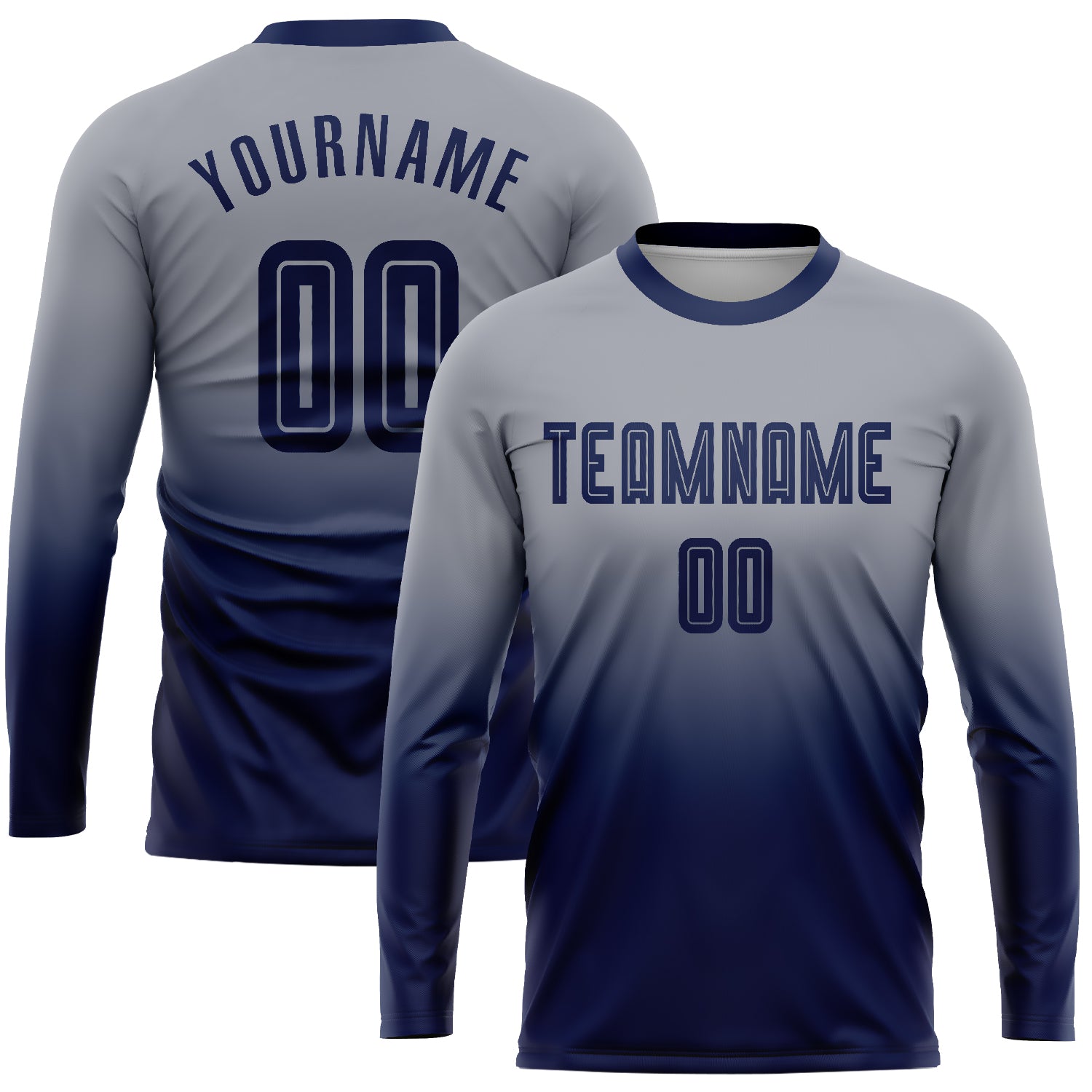 Custom Soccer Uniform Jersey - Gray Navy Long Sleeve Fade Fashion Design Custom Gray Navy Sublimation Long Sleeve Fade Fashion
