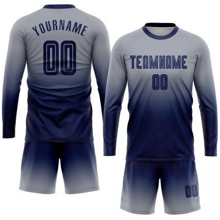 Custom Soccer Uniform Jersey - Gray Navy Long Sleeve Fade Fashion Design Custom Gray Navy Sublimation Long Sleeve Fade Fashion