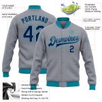 Custom Bomber Jacket Gray Navy Teal Full-Snap Varsity Letterman Jacket Custom Gray Navy-Teal Bomber Full-Snap Varsity Letterman