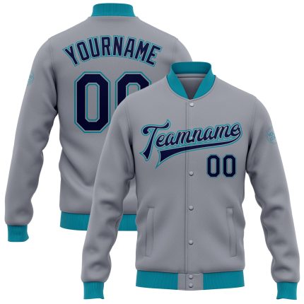 Custom Bomber Jacket Gray Navy Teal Full-Snap Varsity Letterman Jacket Custom Gray Navy-Teal Bomber Full-Snap Varsity Letterman