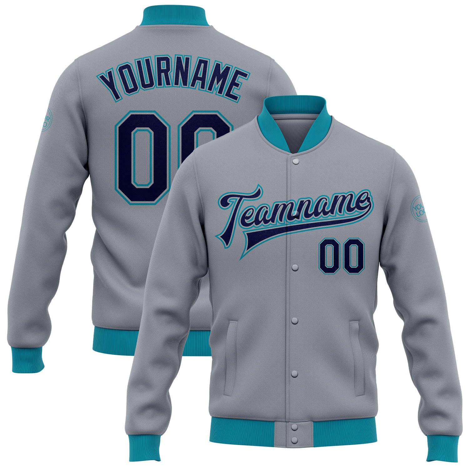 Custom Bomber Jacket Gray Navy Teal Full-Snap Varsity Letterman Jacket Custom Gray Navy-Teal Bomber Full-Snap Varsity Letterman