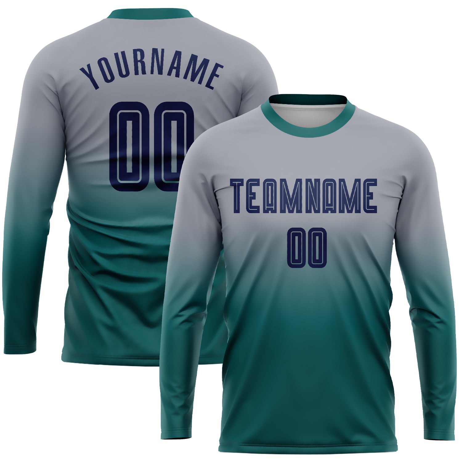 Custom Gray Navy Teal Soccer Uniform Jersey - Long Sleeve Fade Fashion Design Custom Gray Navy-Teal Sublimation Long Sleeve