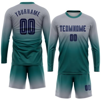 Custom Gray Navy Teal Soccer Uniform Jersey - Long Sleeve Fade Fashion Design Custom Gray Navy-Teal Sublimation Long Sleeve