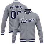 Custom Varsity Letterman Jacket Gray Navy White Full-Snap Bomber Custom Gray Navy-White Bomber Full-Snap Varsity Letterman