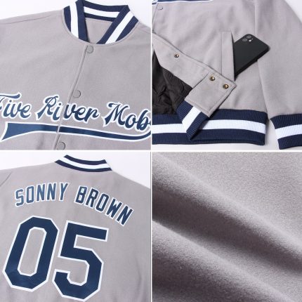 Custom Varsity Letterman Jacket Gray Navy White Full-Snap Bomber Custom Gray Navy-White Bomber Full-Snap Varsity Letterman