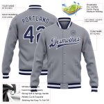 Custom Varsity Letterman Jacket Gray Navy White Full-Snap Bomber Custom Gray Navy-White Bomber Full-Snap Varsity Letterman