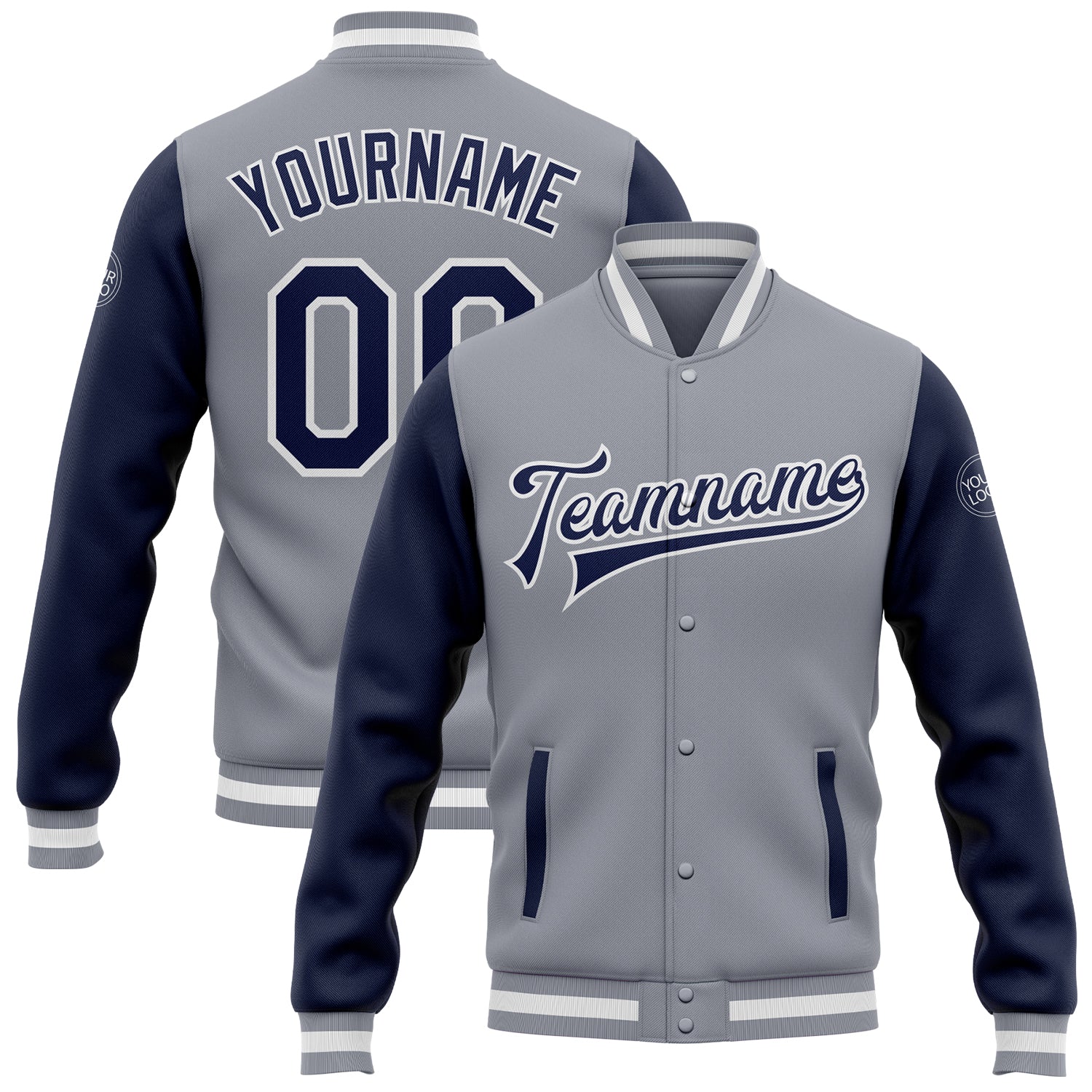 Gray Navy White Two Tone Varsity Letterman Bomber Jacket Custom Full-Snap Custom Gray Navy-White Bomber Full-Snap Varsity