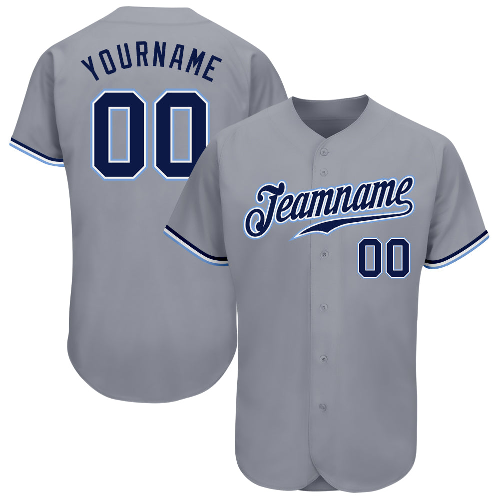 Custom Authentic Baseball Jersey in Gray Navy White Light Blue Custom Gray Navy White-Light Blue Authentic Baseball Jersey