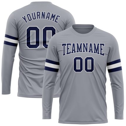 Gray Navy White Performance Long Sleeve T-Shirt Custom Design for Men and Women Custom Gray Navy-White Long Sleeve Performance