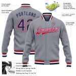 Custom Bomber Varsity Letterman Jacket Gray Navy Red Full-Snap Design Custom Gray Navy White-Red Bomber Full-Snap Varsity